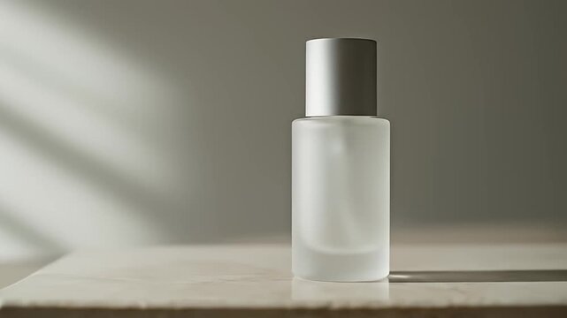 Frosted glass cosmetic bottle mockup featuring minimalist packaging design and aesthetic window shadows. Skincare, perfume, or essential oil product placement shot.