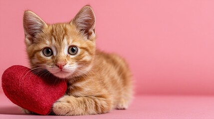 Obraz premium Cute ginger kitten lying next to plush red heart on pink background
