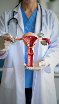 Gynecologist holding anatomical model of female reproductive system, uterus, and ovaries, used for medical education, health awareness, and gynecology consultation.
