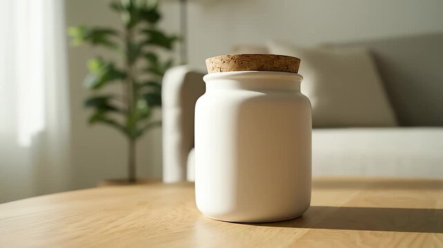 Minimalist white ceramic jar with cork stopper on wooden table in sunny modern living room, perfect for product packaging mockup or cosmetic branding.