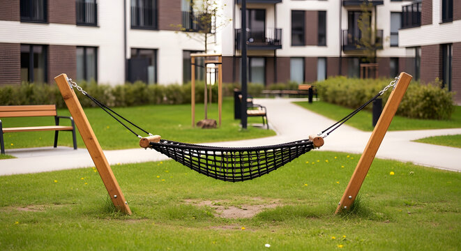 Black Hammock in a Grassy Courtyard with Apartment Buildings