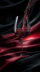 Obraz premium Elegant Red Wine Pouring into Glass on Luxurious Fabric Backdrop, Perfect for Celebration or Gourmet Concepts
