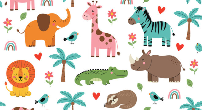 Cute safari animals seamless pattern with elephant giraffe zebra lion rhino crocodile and jungle elements for kids design