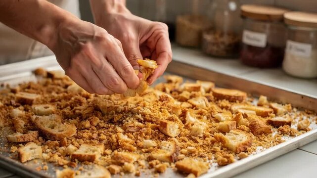 Closeup medium shot of hands collecting toasted bread crumbs from a tray highlighting artisanal methods in circular food waste repurposing.