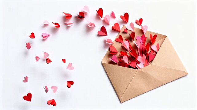 3D paper hearts gently fly out of an open craft envelope and swirl in a graceful arc across the white background.
