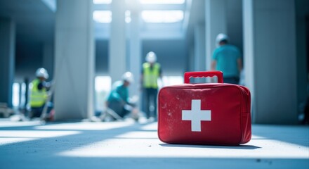 First aid kit on construction site with workers. Workplace safety and health concept