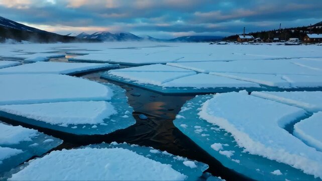 Serrated ice sheets floating on a tranquil water body under a moody sky, capturing the serene beauty of winter at dusk