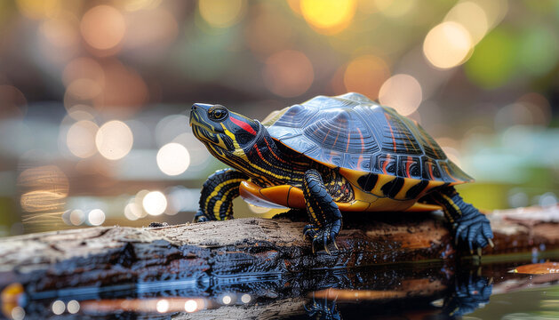 A vibrant red-eared slider turtle basks peacefully on a weathered log, its intricate shell patterns reflecting in the calm water of a sun-dappled pond, capturing a serene moment of natural wildlife
