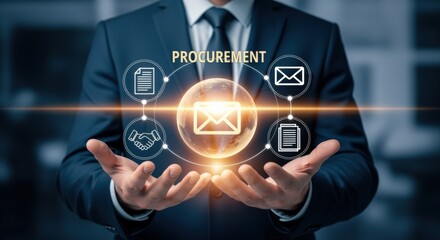 Obraz premium Procurement Process Automation: Businessman Presenting Digital Workflow Icons for Streamlined Supply Chain Management and Strategic Sourcing