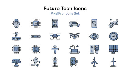 Futuristic technology icons collection robot drone car eye solar panel wind turbine vector