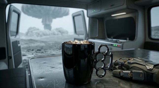 Slow dolly in a solar-punk scene: brass-knuckles themed cup and cybernetic glove in high-tech van with mushroom cloud on post apocalyptic background.