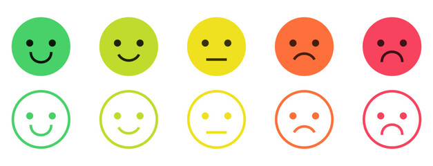 Fototapeta premium Colorful feedback emoji faces, emoticons ranging from happy to sad, for surveys, rating systems, user feedback, and UI elements as a rating scale or for collecting feedback on satisfaction and mood