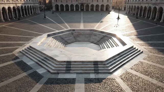 Aerial view of a large, octagonal marble structure with steps in a plaza