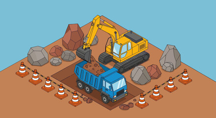 Excavator Loading Dirt into Dump Truck at Construction Site. © Rejeki