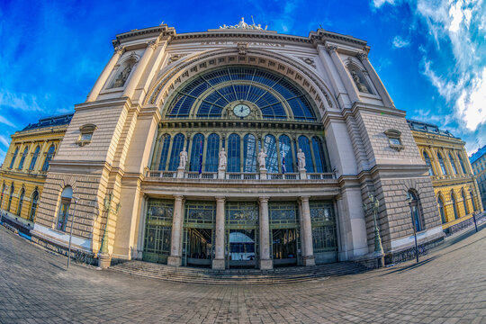 Exterior of Budapest Keleti railway station-Budapest Keleti palyaudvar.Designed in eclectic style by Gyula Rochlitz and Janos Feketehazy,constructed between 1881-1884, Budapest, Hungary