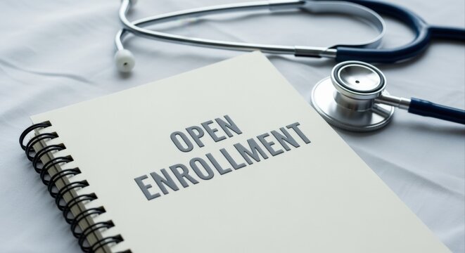 Open Enrollment Reminder: Stethoscope and Notebook for Healthcare Planning and Insurance Choices, Ensuring Health Coverage