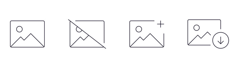Fototapeta na wymiar thin-line gallery icons - image photo album icon set featuring images placeholders for viewing, deleting, adding, and download photo symbols for web and app interfaces & editable stroke
