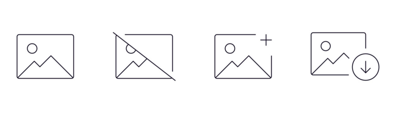 thin-line gallery icons - image photo album icon set featuring images placeholders for viewing, deleting, adding, and download photo symbols for web and app interfaces & editable stroke