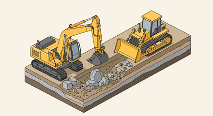 Heavy Construction Equipment Excavating and Moving Earth.