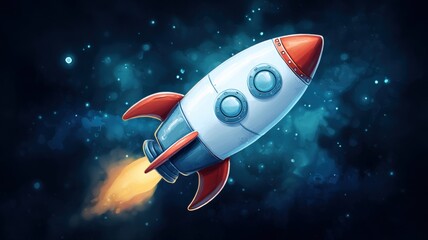 Fototapeta premium Cartoon Rocket Ship Launching into Space: A Colorful and Vibrant Illustration for Children