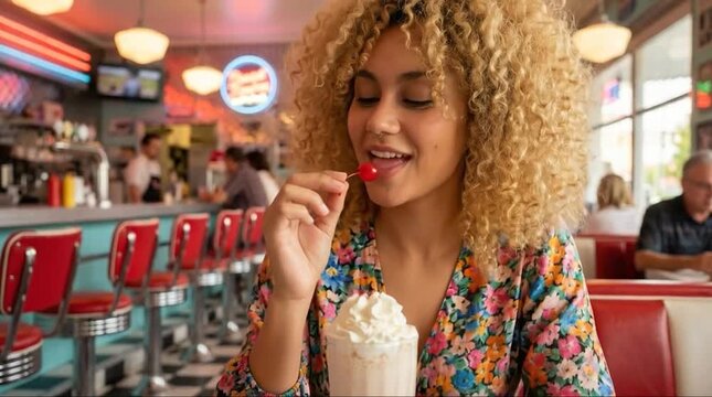 Flirting Techniques: A mixed-race girl with blonde, curly hair slowly takes the cherry topping from her milkshake and brings it to her mouth to eat.