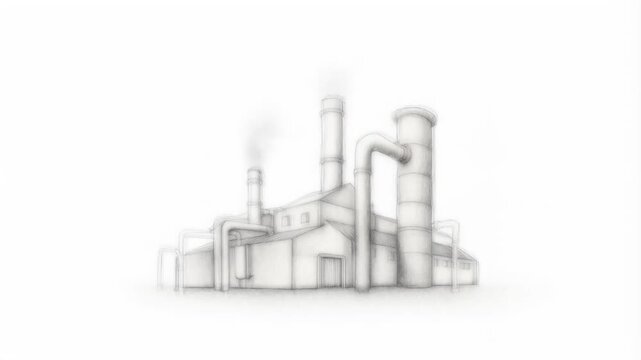Sketch of an industrial factory with smoke emitting from chimneys, set against a minimalist white background, conveying themes of manufacturing and pollution