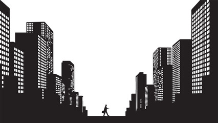 City street skyscraper buildings skyline silhouette with tiny business person walking vector line art