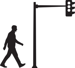 Pedestrian walking past traffic light signal post on transparent background vector silhouette