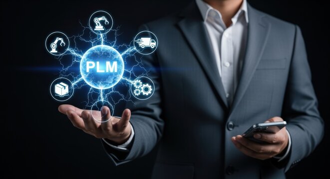 PLM Product Lifecycle Management Software Technology, Digital Transformation and Automation Concept on Businessman Open Hand