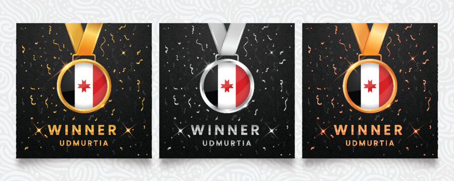 Celebrate victory with this Udmurtia winner set featuring gold, silver and bronze medals with the national flag design, set against a dark background with festive confetti and sparkles