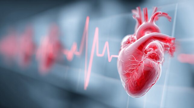 Detailed 3D Illustration of Human Heart with Blurred EKG Heartbeat Line