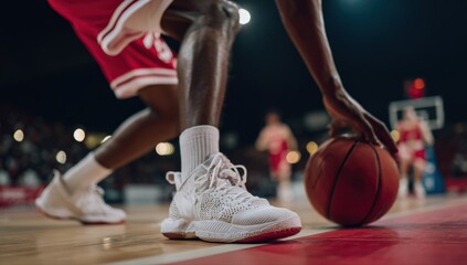 Naklejka premium Dynamic Basketball Action: Close-up of Player Dribbling on Court During Game, Showcasing Athleticism and Competitive Spirit