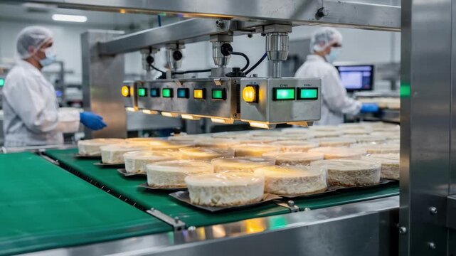 Medium shot of finished frozen cakes moving along a conveyor belt as metal detectors scan for contaminants during quality control in a food production facility.