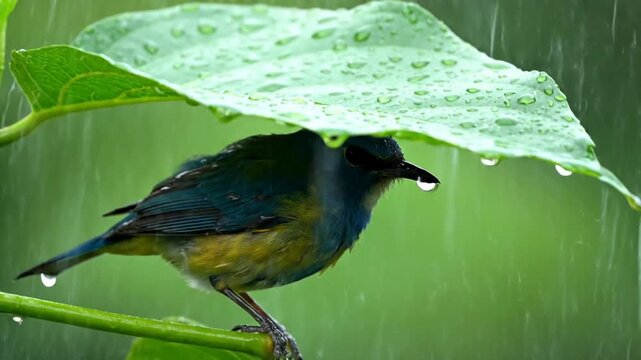 Blue and Yellow Bird Seeking Shelter Under Green Leaf During Heavy Tropical Rain