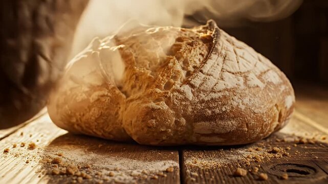 Freshly baked artisan bread with a crusty exterior, steaming on a wooden board