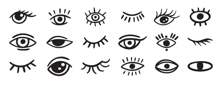 eyes and lashes doodle hand drawn icon set. Outline drawing line clipart symbol collection