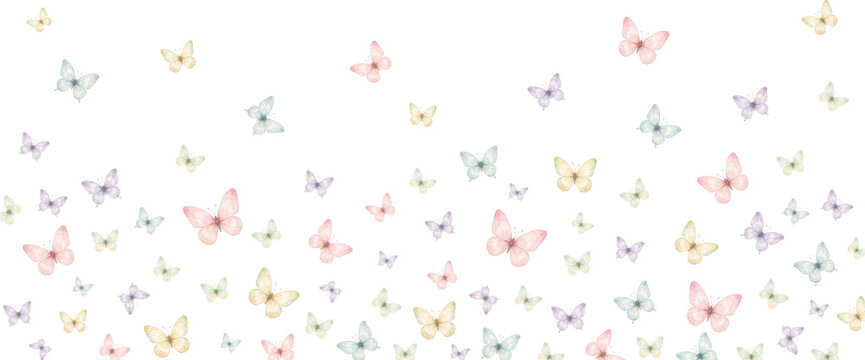 Pastel watercolor butterflies pattern with soft spring colors on transparent background, perfect for Easter cards, invitations, nursery prints and seasonal designs