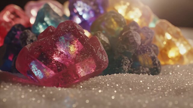 A macro shot of colorful, iridescent crystals resting on a bed of sparkling granules