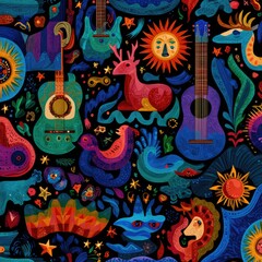 Obraz premium Colorful digital illustration featuring guitars, animals, suns, and nature against a dark background