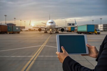 air freight delivery tracking. Business professional using a tablet at an airport with planes and cargo in the background.