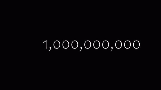 Number counter animation from 0 to 1,000,000,000 on a transparent background, Animated counting Numbers of one billion in 4k animation with alpha channel