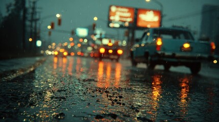 Rainy City Street at Night. Urban Evening Scene