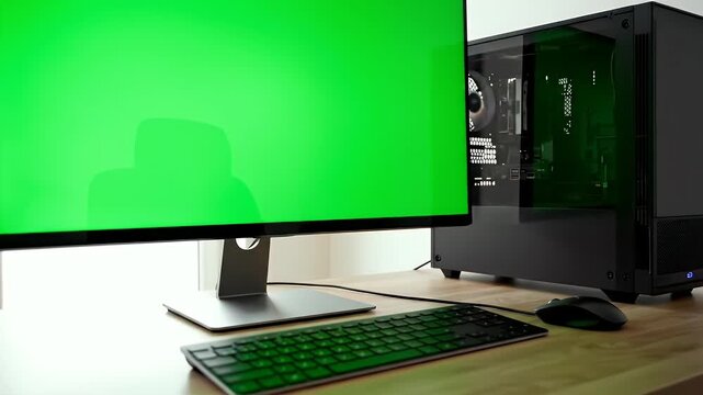 A desktop setup featuring a monitor with a green screen, PC, keyboard, and mouse on wood
