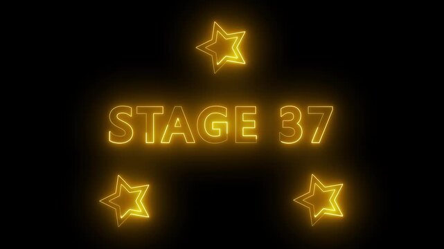 Stage 37 Neon Text Animation with Glowing Stars on Black Background. 'Stage 37' with twinkling stars, perfect for video game intros.