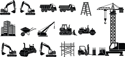Construction equipment silhouette icon set featuring excavators, dump trucks, cranes, bulldozers, forklifts, scaffolding and building machinery, industrial heavy equipmen © It's Raju