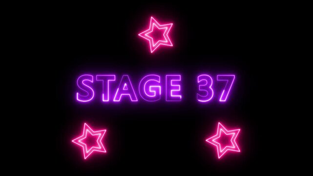 Stage 37 Neon Text Animation with Glowing Stars on Black Background. 'Stage 37' with twinkling stars, perfect for video game intros.