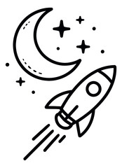 Line art illustration of a rocket flying past a crescent moon depicting a space journey for exploration themes