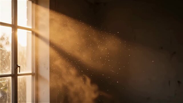 Sunlight streaming through a window, illuminating dust particles in the air, creating a serene and nostalgic atmosphere