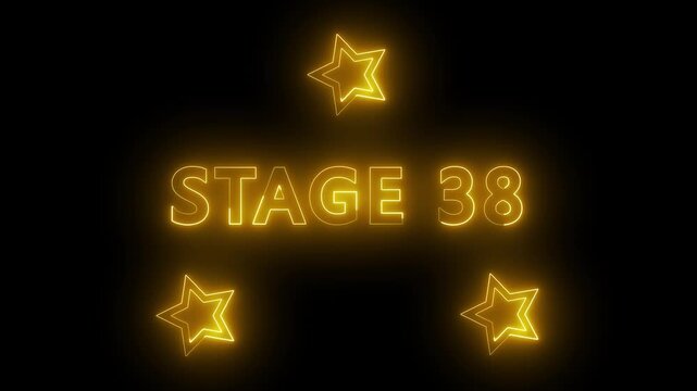 Stage 38 Neon Text Animation with Glowing Stars on Black Background. 'Stage 38' with twinkling stars, perfect for video game intros.