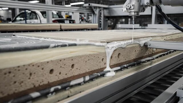 Medium shot of automotive foam and laminated composite panels being bonded highlighting precision machinery and layered materials for vehicle interior durability and comfort.